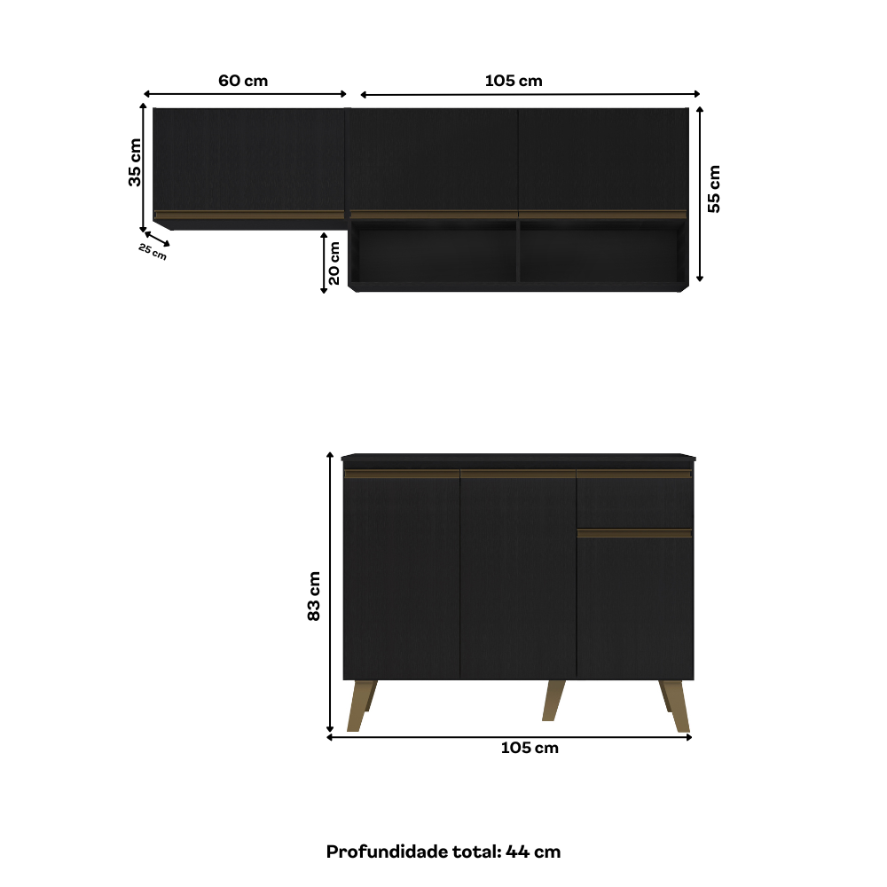 Armário de Cozinha Compacta Atlanta Petit Carraro Preto Touch