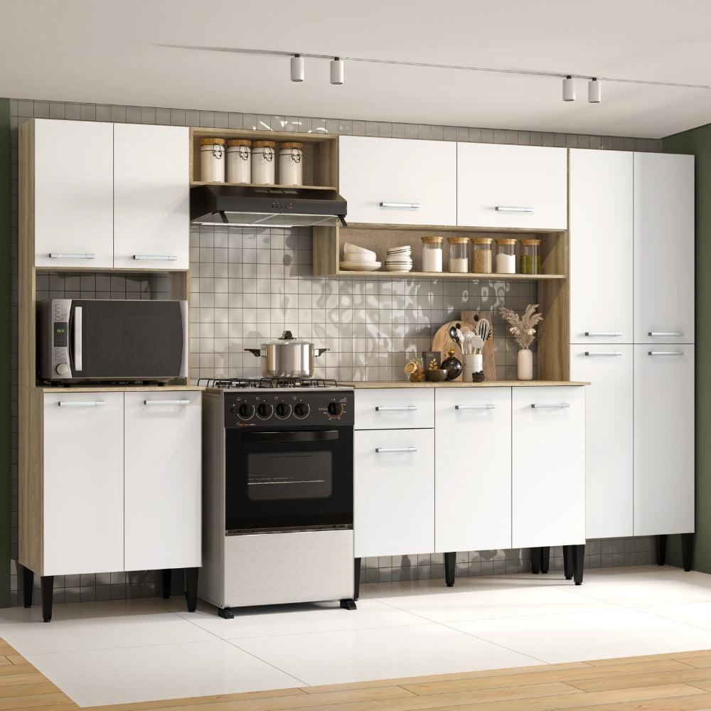 Armário de Cozinha Compacta Completa Arizona Plus Carraro Carvalho com Branco