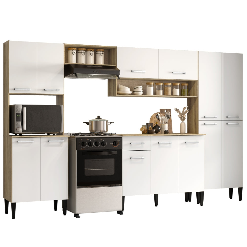 Armário de Cozinha Compacta Completa Arizona Plus Carraro Carvalho com Branco