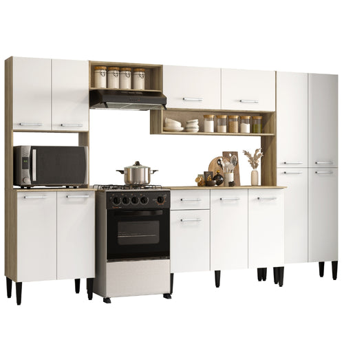 Armário de Cozinha Compacta Completa Arizona Plus Carraro Carvalho com Branco