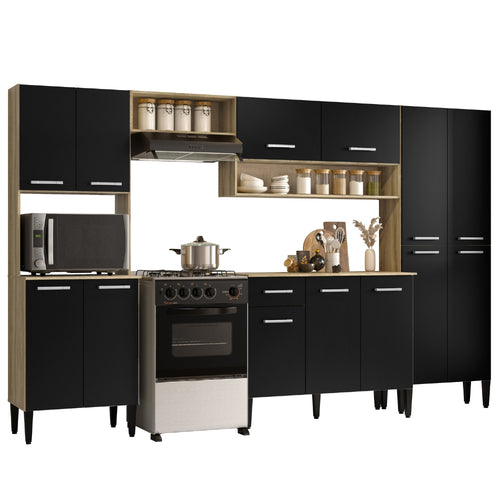 Armário de Cozinha Compacta Completa Arizona Plus Carraro Carvalho com Preto