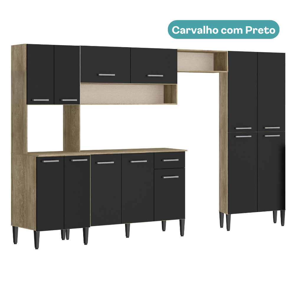 Armário de Cozinha Compacta Completa Arizona Plus Carraro Carvalho com Preto