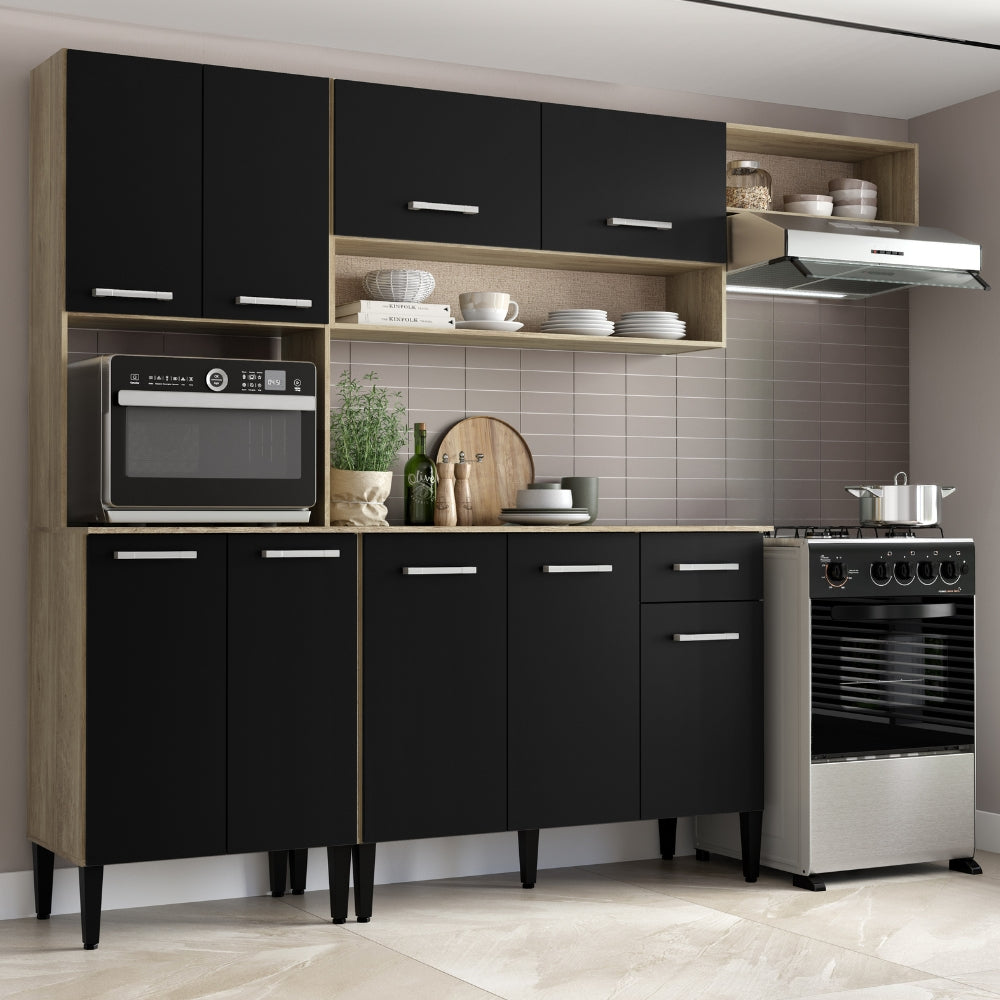 Armário de Cozinha Compacta Completa Arizona Essence Carraro Carvalho com Preto