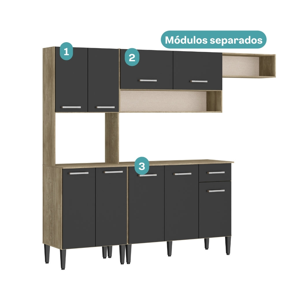 Armário de Cozinha Compacta Completa Arizona Essence Carraro Carvalho com Preto