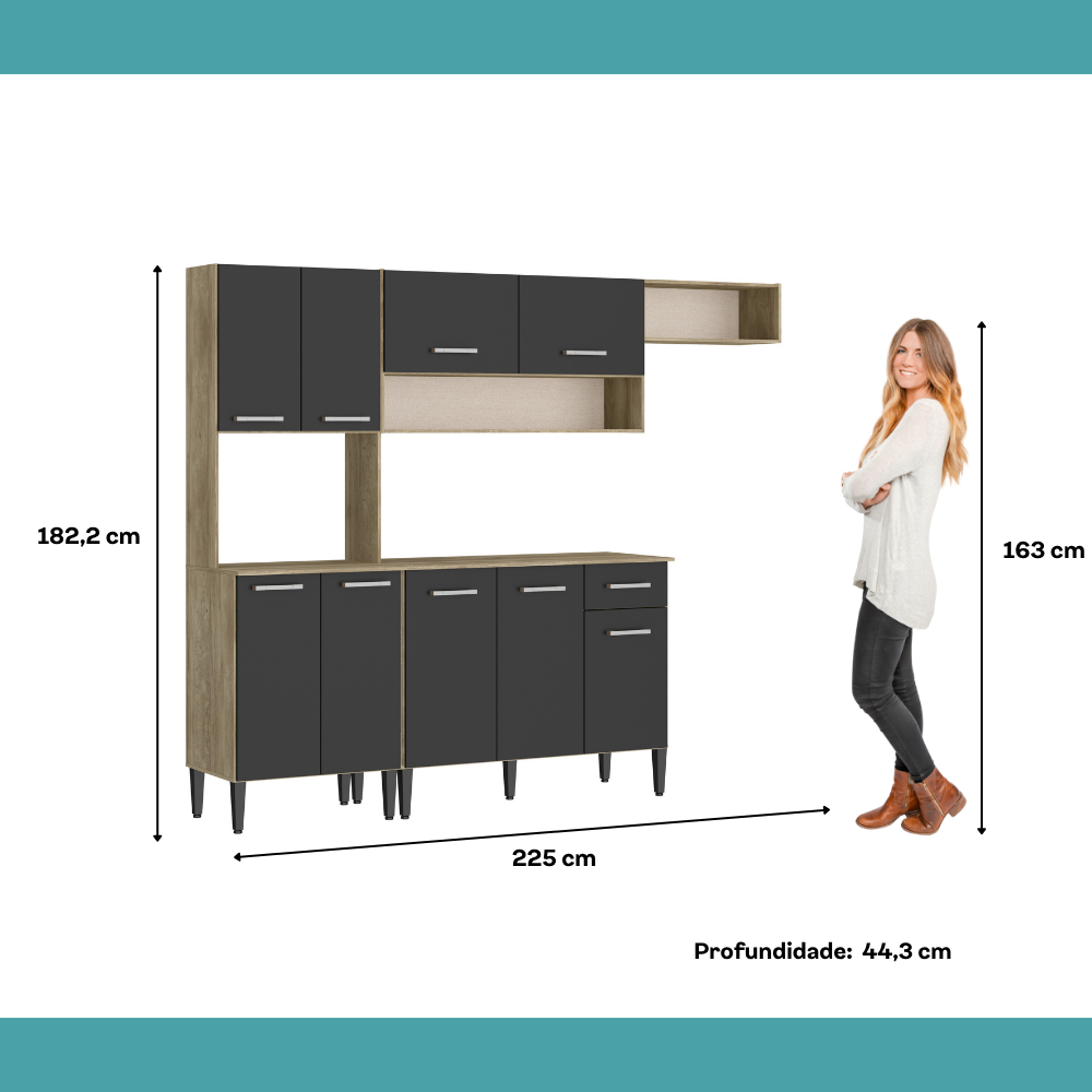 Armário de Cozinha Compacta Completa Arizona Essence Carraro Carvalho com Preto