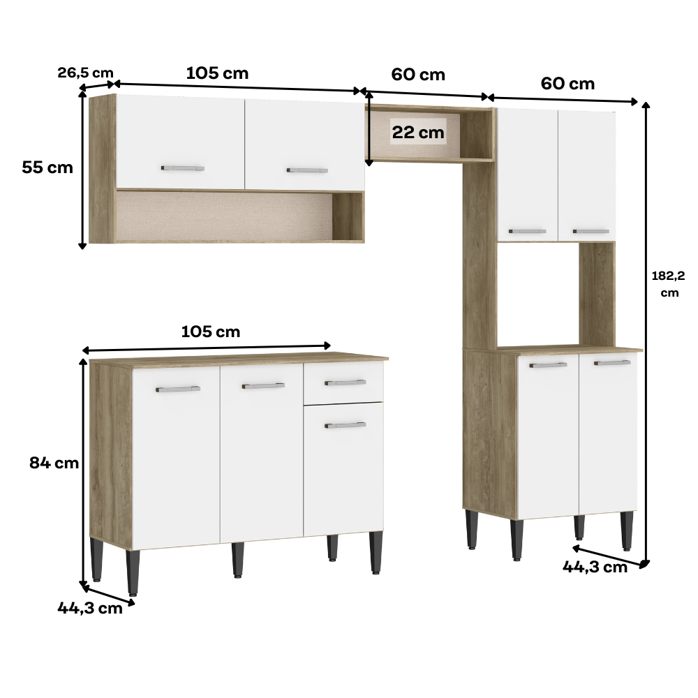 Armário de Cozinha Compacta Completa Arizona Essence Carraro Carvalho com Branco