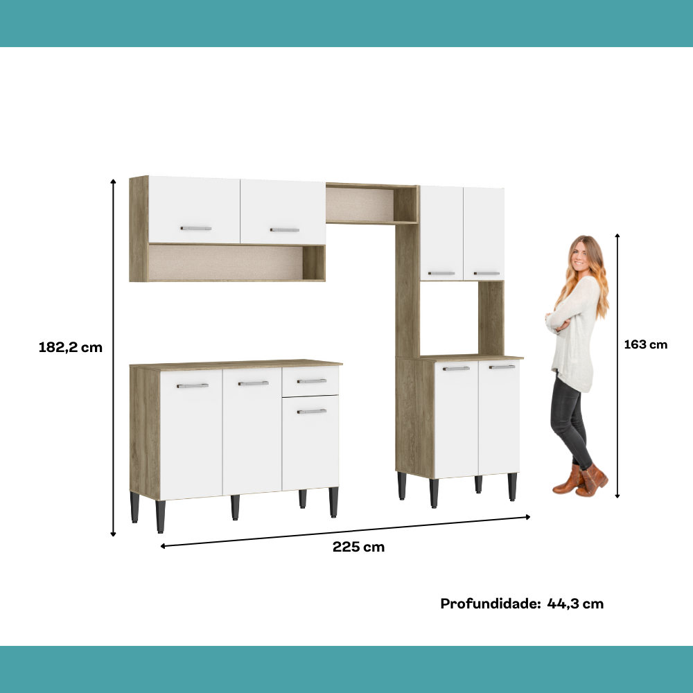 Armário de Cozinha Compacta Completa Arizona Essence Carraro Carvalho com Branco