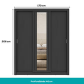Guarda Roupa Casal 3 Portas Doha c/ Espelho Central Carraro Preto Touch