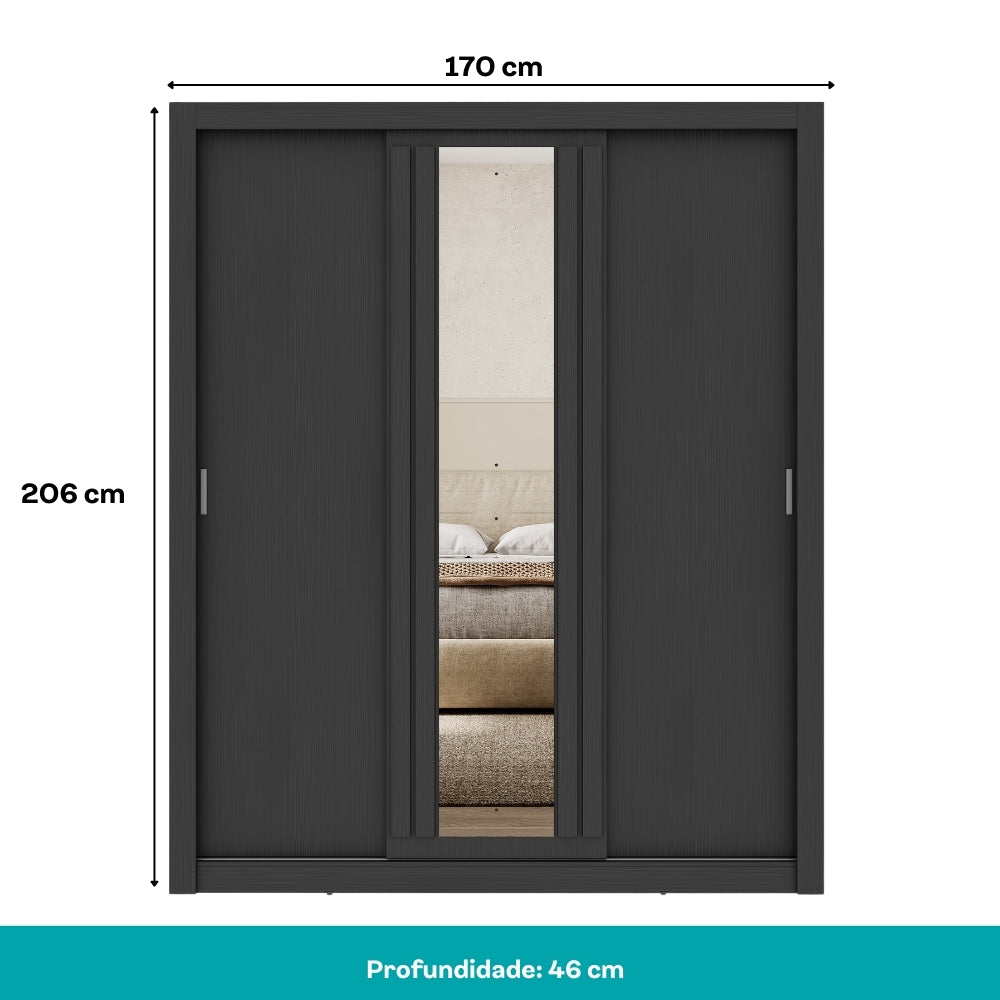 Guarda Roupa Casal 3 Portas Doha c/ Espelho Central Carraro Preto Touch