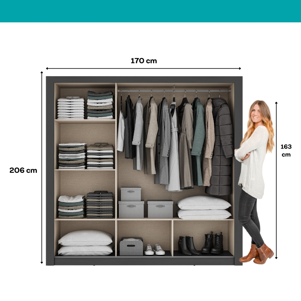 Guarda Roupa Casal 3 Portas Doha c/ Espelho Central Carraro Preto Touch