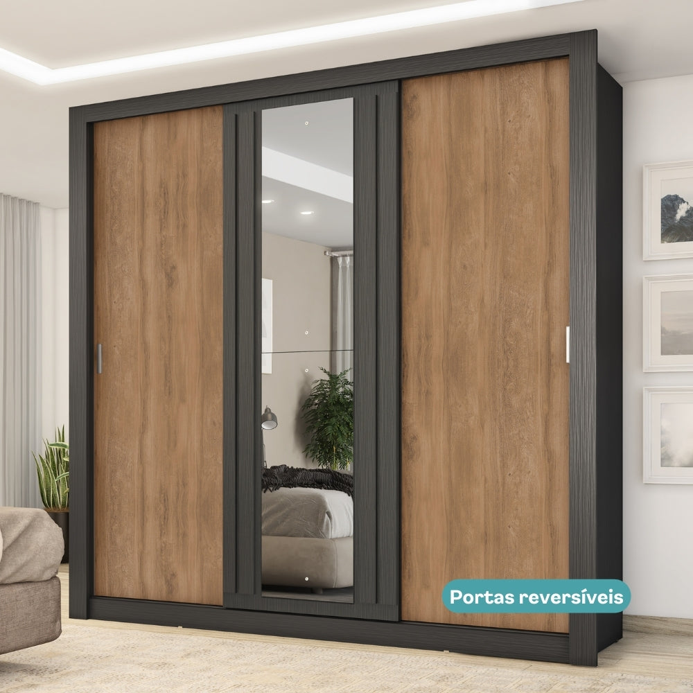 Guarda Roupa Casal 3 Portas Doha c/ Espelho Central Carraro Preto Touch