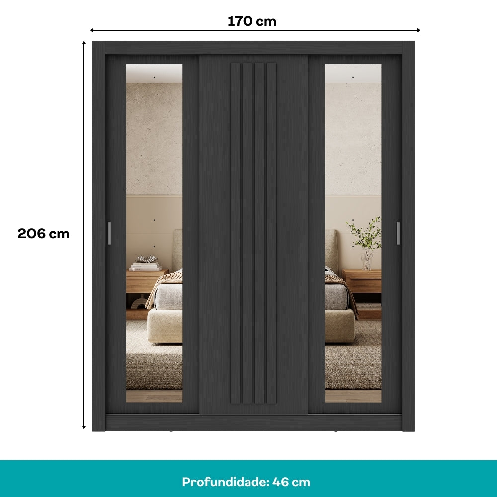 Guarda Roupa Casal 3 Portas Doha c/ Espelhos Laterais Carraro Preto Touch