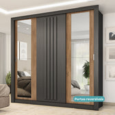 Guarda Roupa Casal 3 Portas Doha c/ Espelhos Laterais Carraro Preto Touch