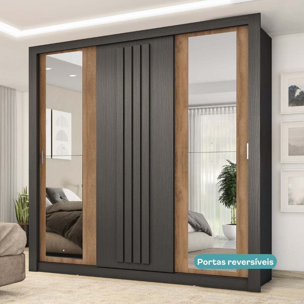 Guarda Roupa Casal 3 Portas Doha c/ Espelhos Laterais Carraro Preto Touch