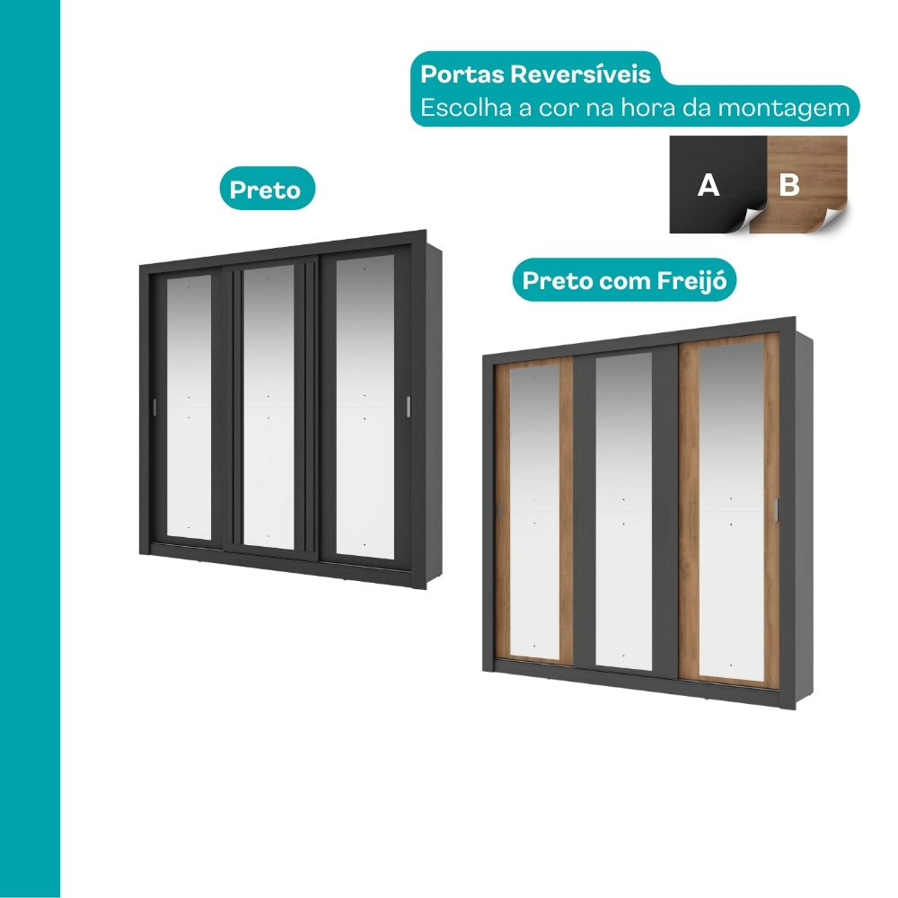 Guarda Roupa Casal 3 Portas Doha c/ 3 Espelhos Carraro Preto Touch
