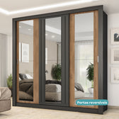 Guarda Roupa Casal 3 Portas Doha c/ 3 Espelhos Carraro Preto Touch