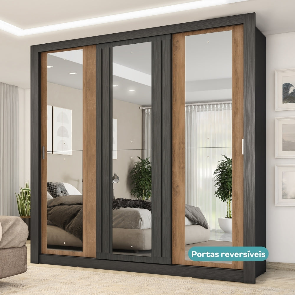 Guarda Roupa Casal 3 Portas Doha c/ 3 Espelhos Carraro Preto Touch
