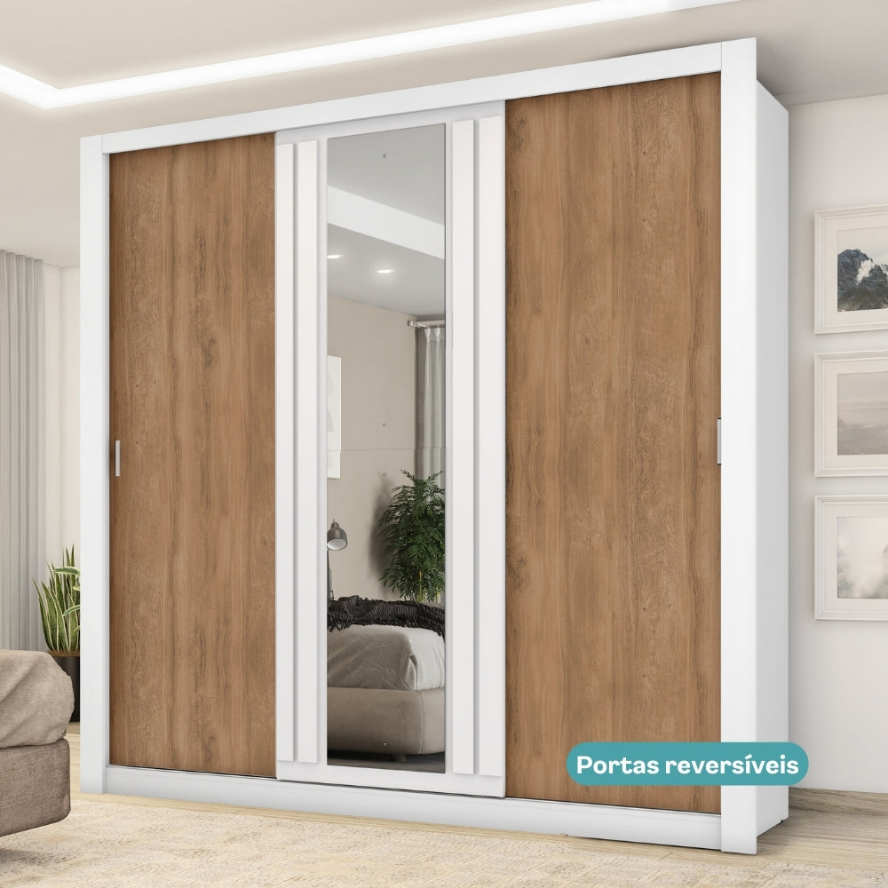 Guarda Roupa Casal 3 Portas Doha Lux Carraro Branco Ripado
