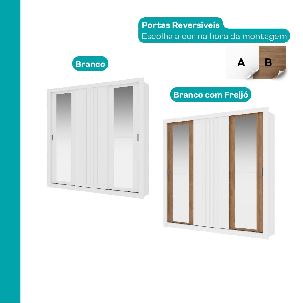 Guarda Roupa Casal 3 Portas Doha c/ Espelhos Laterais Carraro Branco
