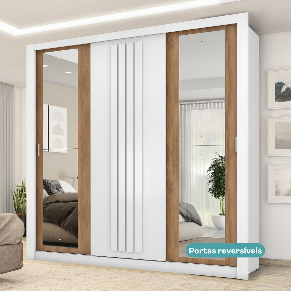 Guarda Roupa Casal 3 Portas Doha c/ Espelhos Laterais Carraro Branco