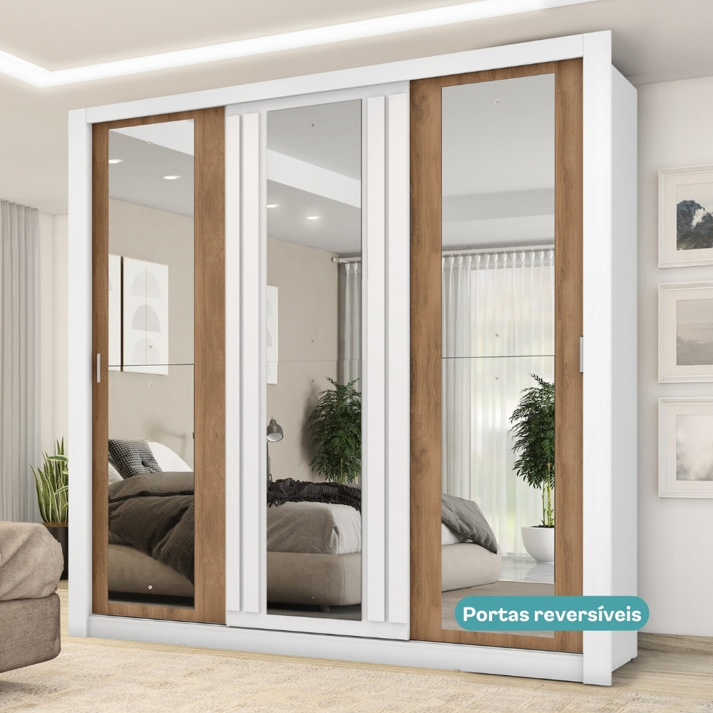 Guarda Roupa Casal 3 Portas Doha c/ 3 Espelhos Carraro Branco