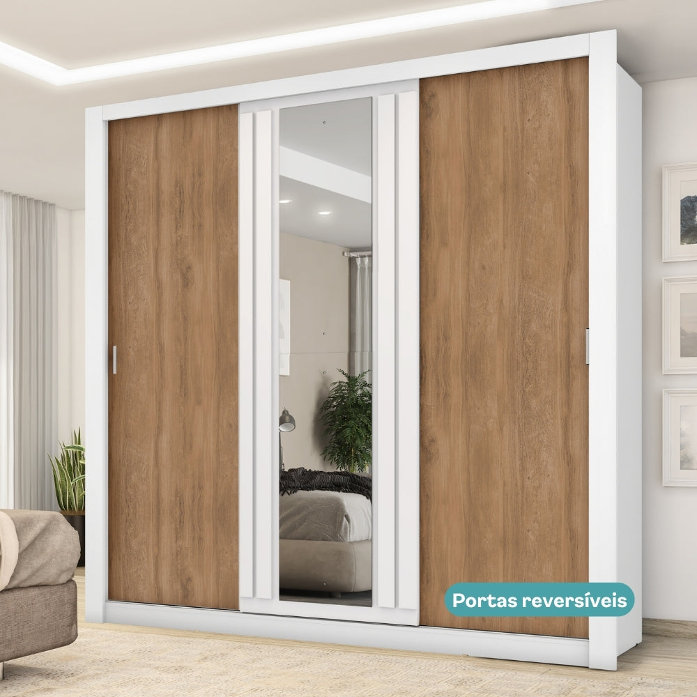 Guarda Roupa Casal 3 Portas Doha Prime 2 Gavetas Carraro Ripado Branco