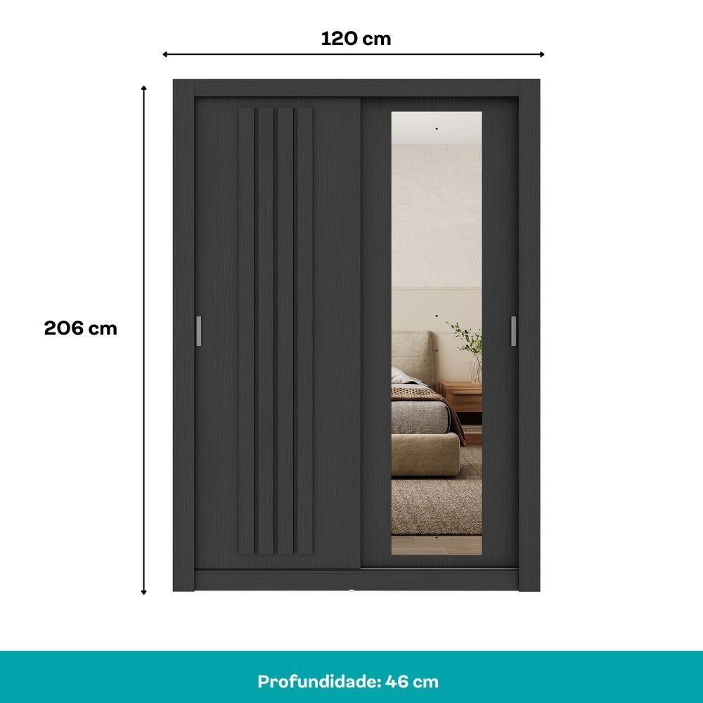 Guarda Roupa Solteiro 2 Portas Darvi c/ Espelho Direito Carraro Preto Touch