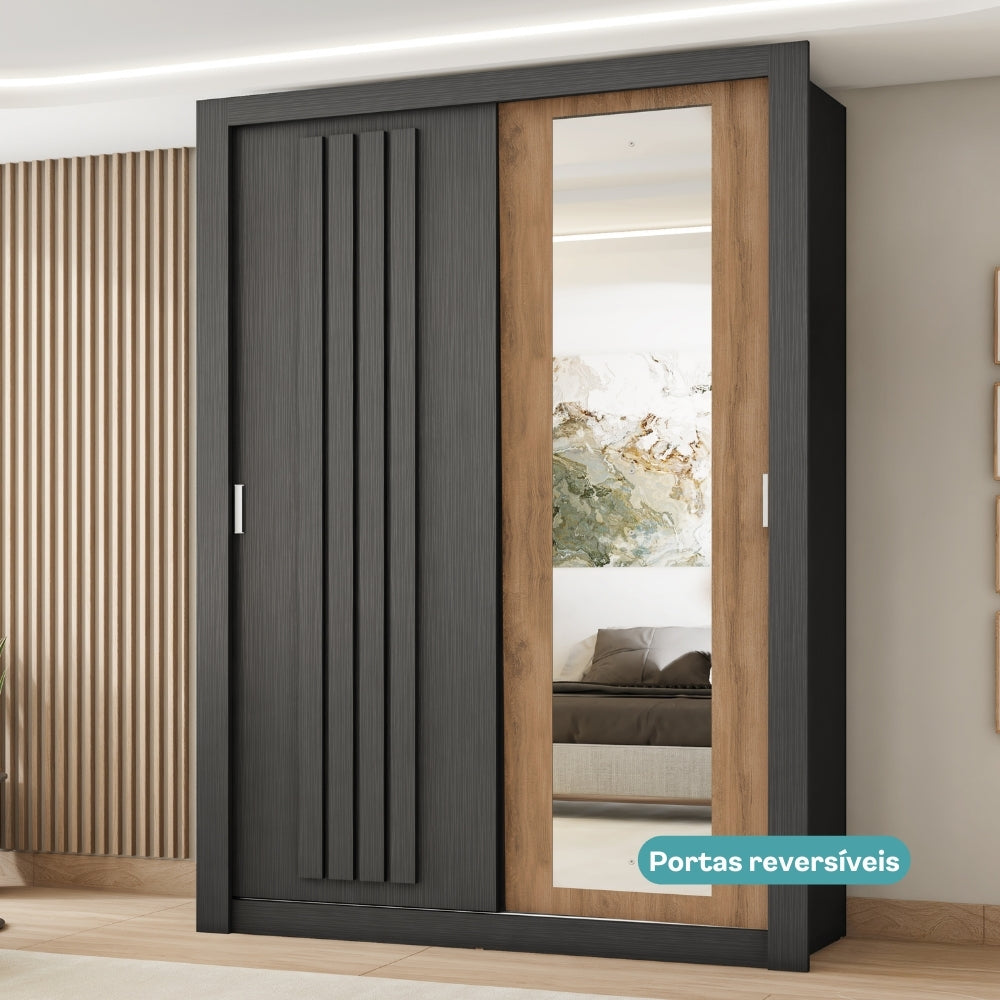 Guarda Roupa Solteiro 2 Portas Darvi c/ Espelho Direito Carraro Preto Touch