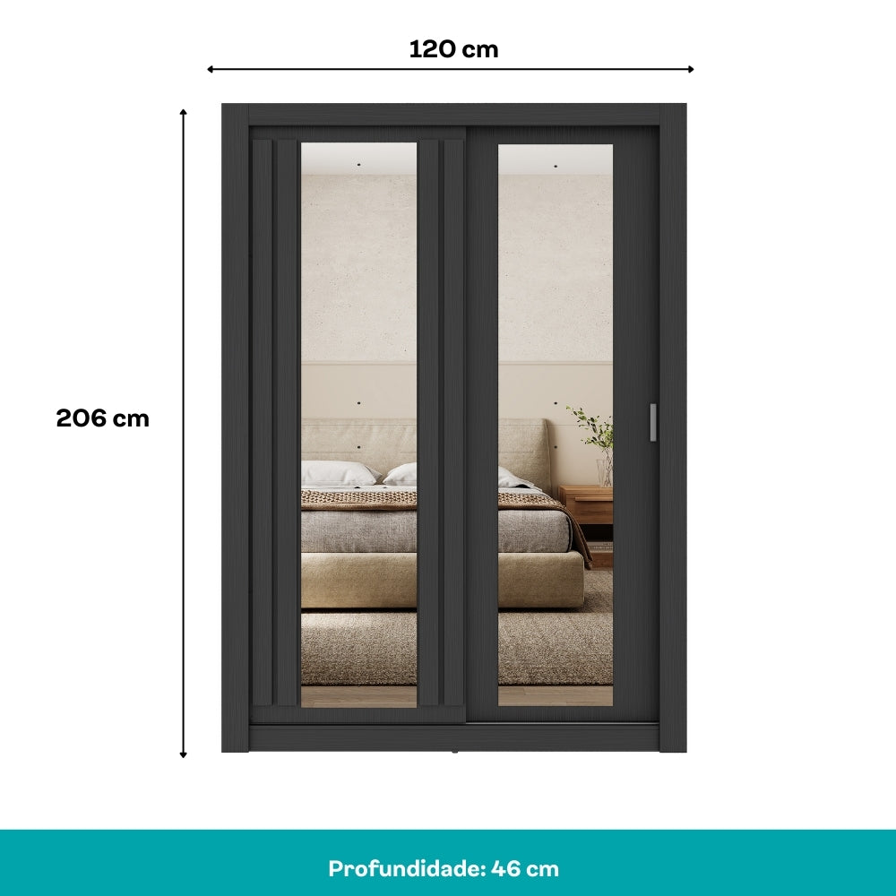 Guarda Roupa Solteiro 2 Portas Darvi c/ 2 Espelhos Carraro Preto Touch