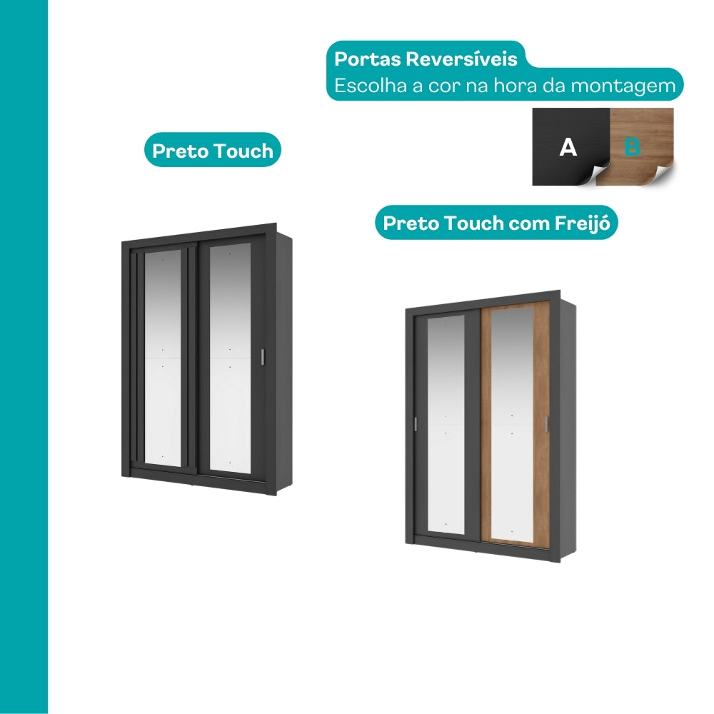 Guarda Roupa Solteiro 2 Portas Darvi c/ 2 Espelhos Carraro Preto Touch