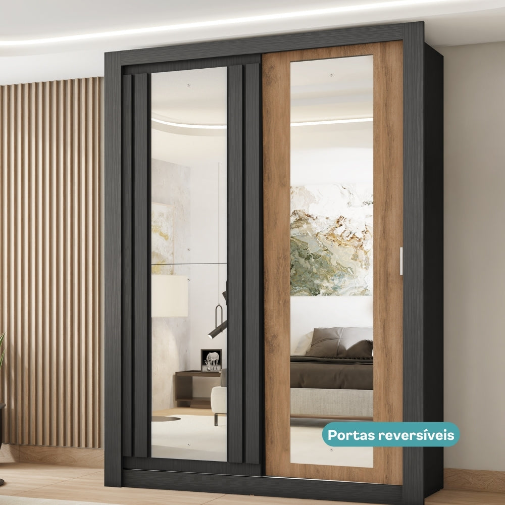 Guarda Roupa Solteiro 2 Portas Darvi c/ 2 Espelhos Carraro Preto Touch