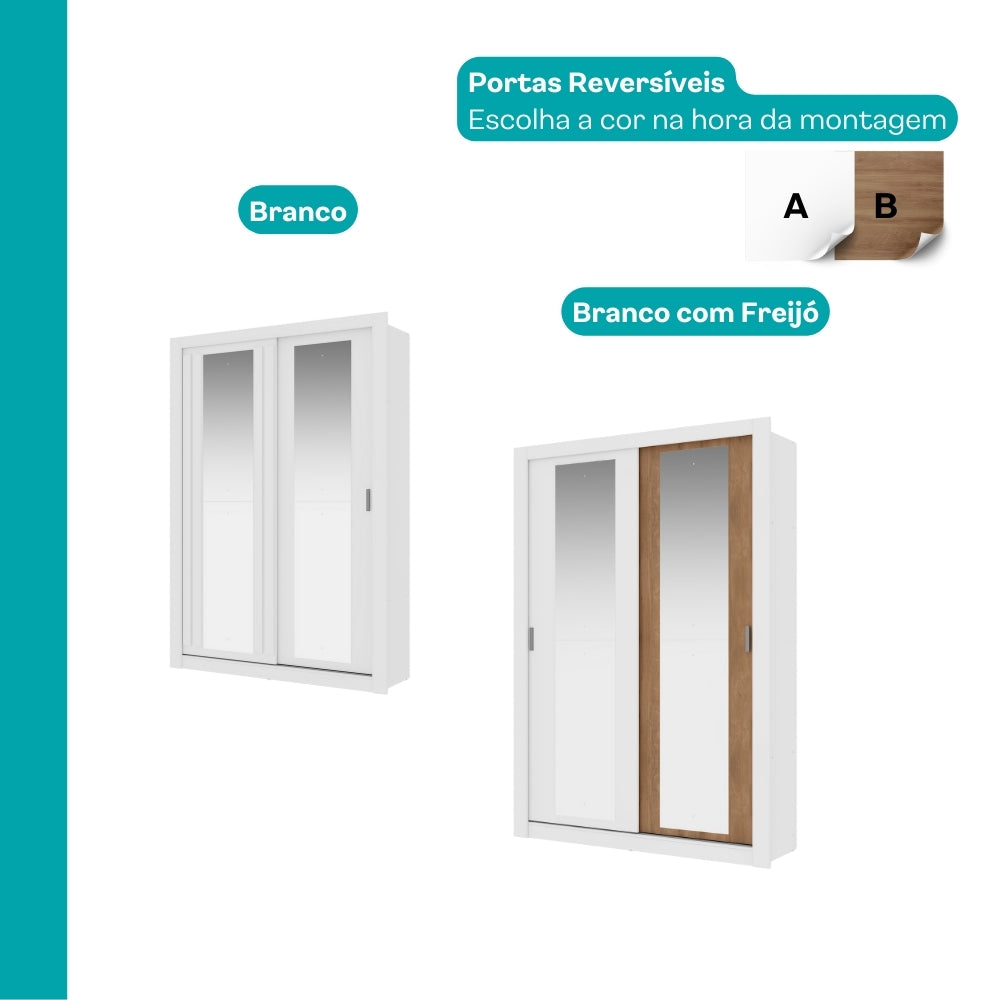 Guarda Roupa Solteiro 2 Portas Darvi c/ 2 Espelhos Carraro Branco