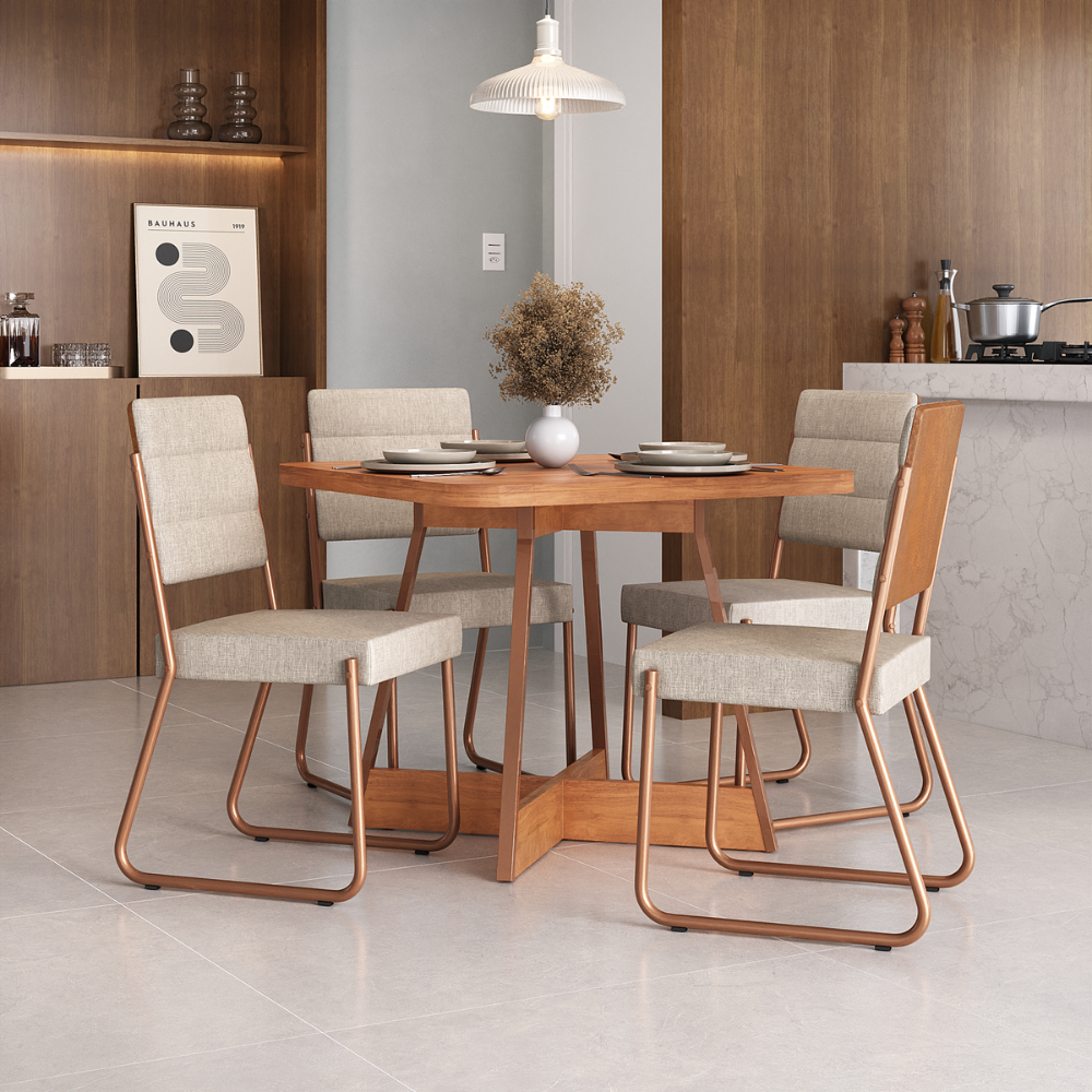 Conjunto Sala de Jantar 4 Cadeiras Charlotte Carraro Nogal Rosê