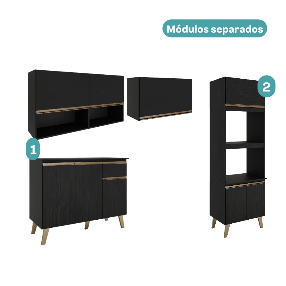 Armário de Cozinha Completa c Balcão Atlanta Essence Carraro Preto Touch - imagem 6