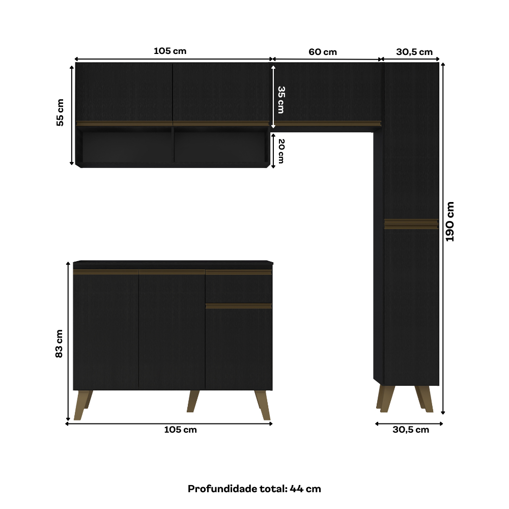 Armário de Cozinha Completa Atlanta Slim Preto Touch - imagem 4