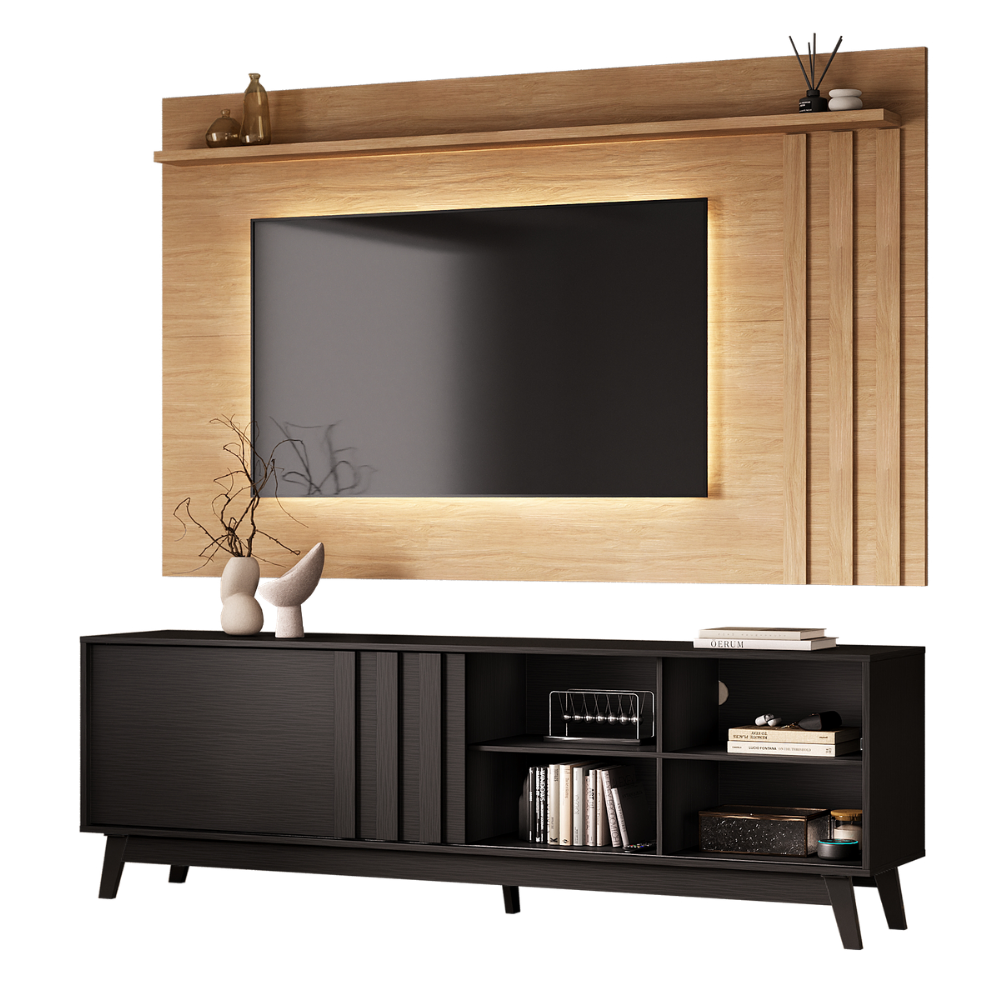 Conjunto Rack Preto Touch e Painel Parede Cedro Ventura Carraro - imagem 2