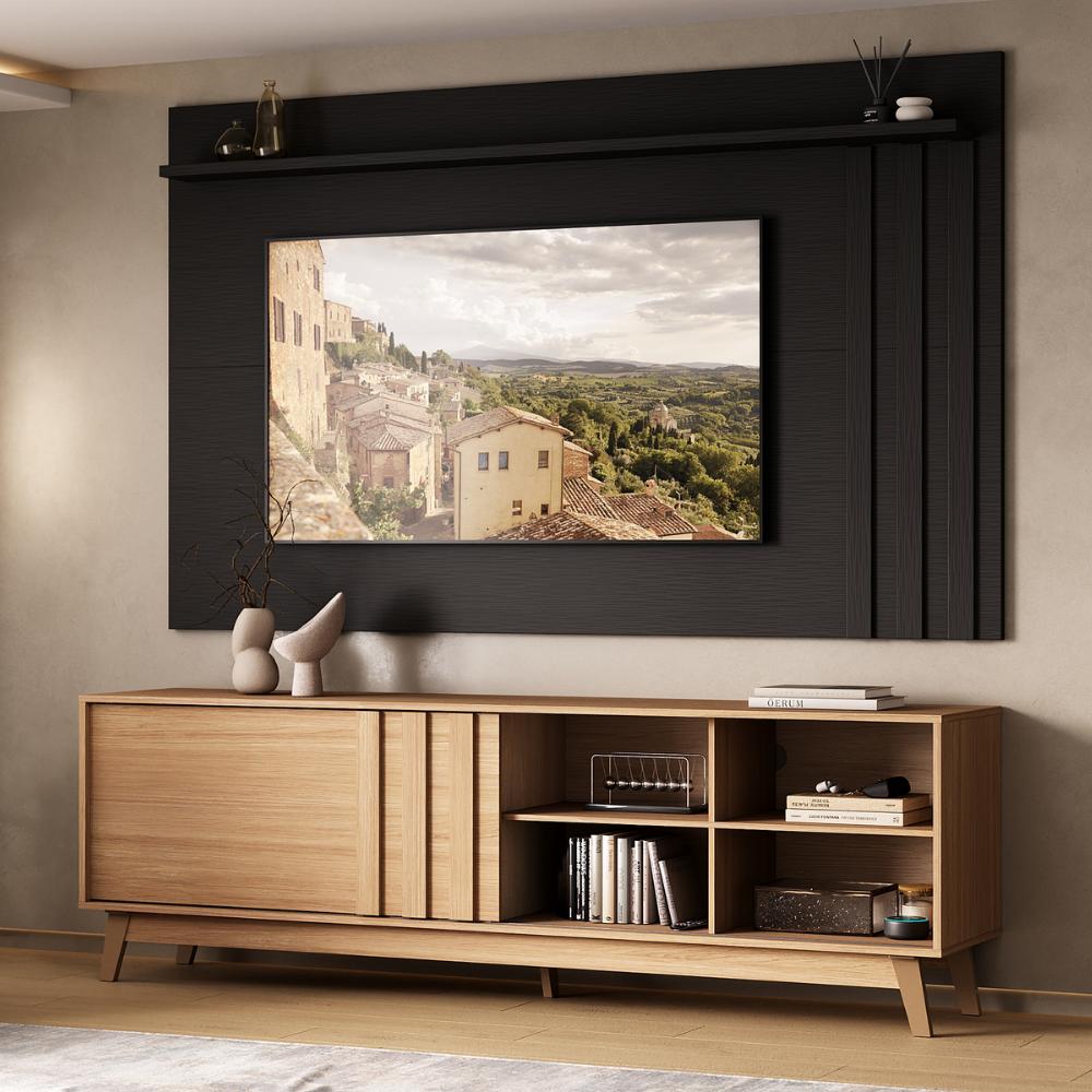Conjunto Rack Cedro e Painel Parede Preto Touch Ventura Carraro - imagem 1