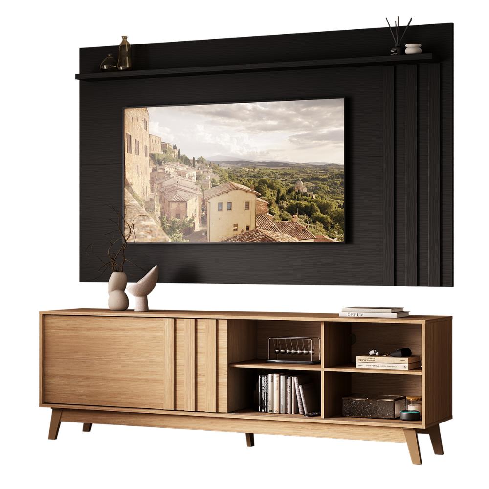 Conjunto Rack Cedro e Painel Parede Preto Touch Ventura Carraro - imagem 2