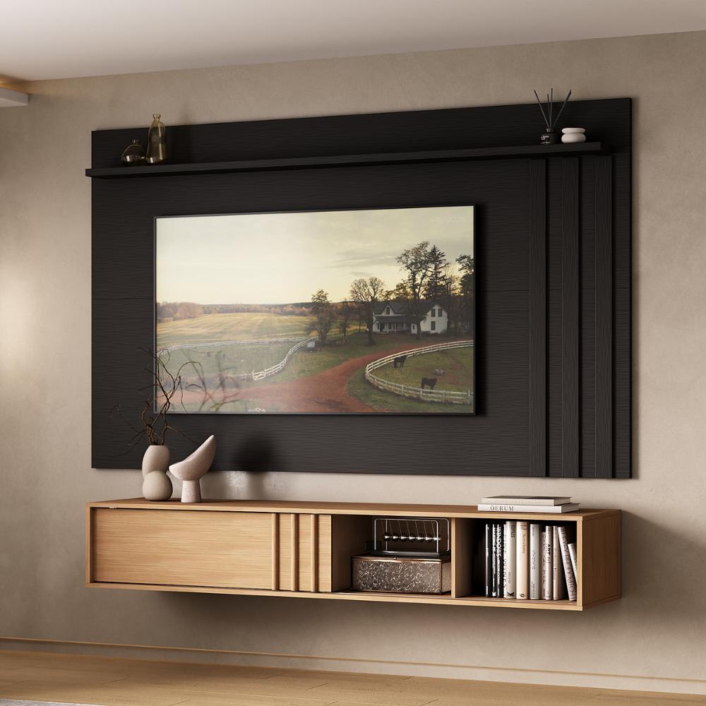 Conjunto Rack Cedro e Painel Parede Preto Touch Linea Carraro - imagem 1