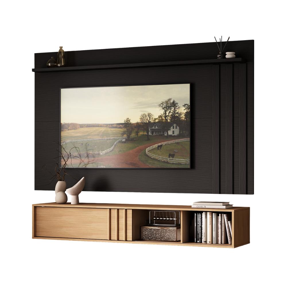 Conjunto Rack Cedro e Painel Parede Preto Touch Linea Carraro - imagem 2