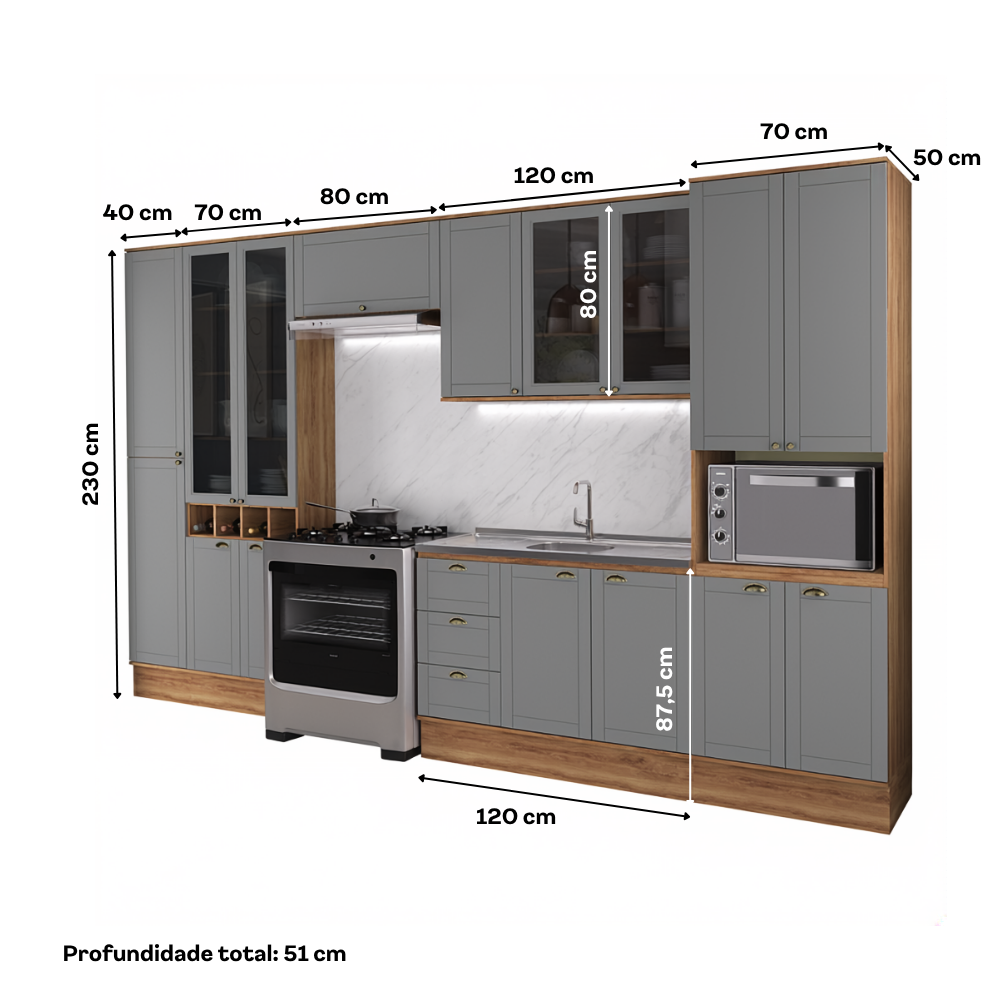 Armário de Cozinha Completa com Balcão Milla Duo Light Carraro Nogal com Cinza Titânio - imagem 5