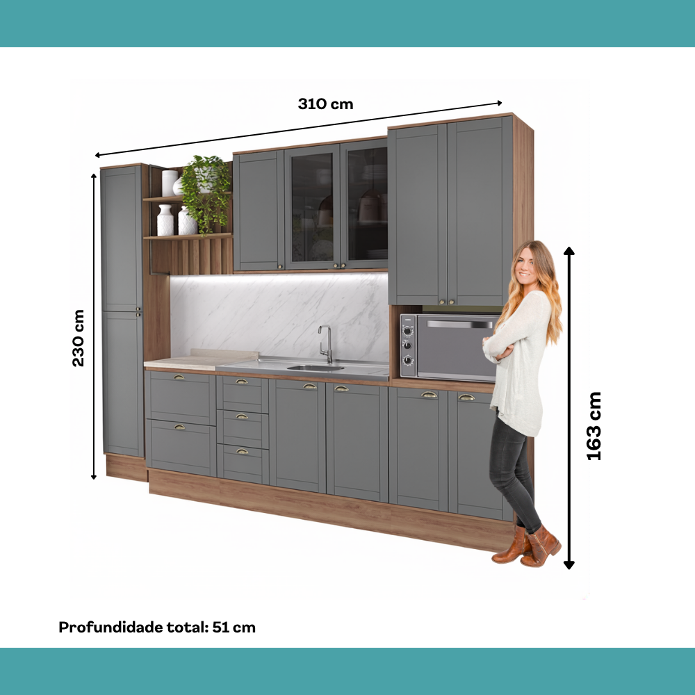 Armário de Cozinha Completa com Balcão Milla Vision Plus Carraro Nogal com Cinza Titânio - imagem 7