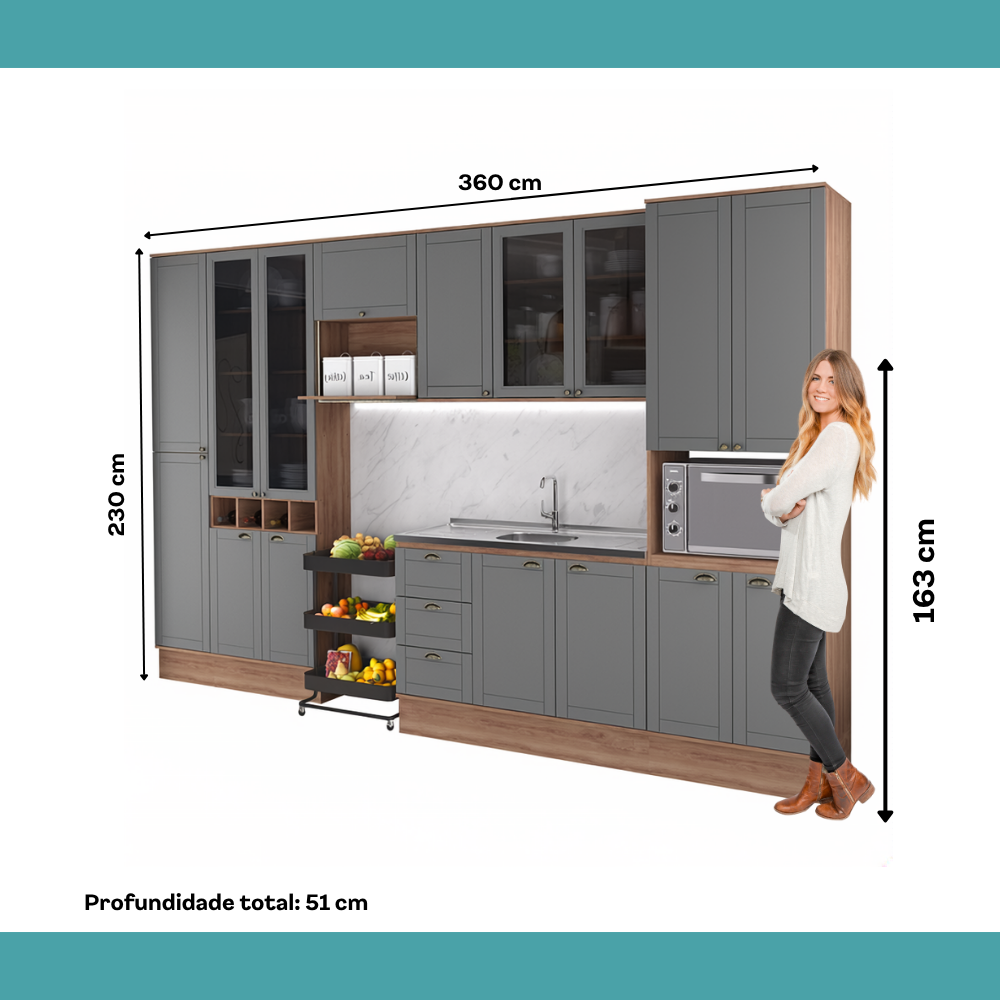Armário de Cozinha Completa com Balcão Milla Versa Flex Carraro Nogal com Cinza Titânio - imagem 7