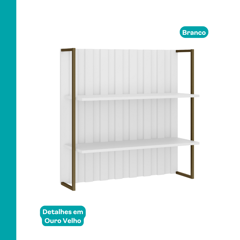 Estante Ripada MDF Branco com Prateleiras e Tubo Ouro Velho Carraro