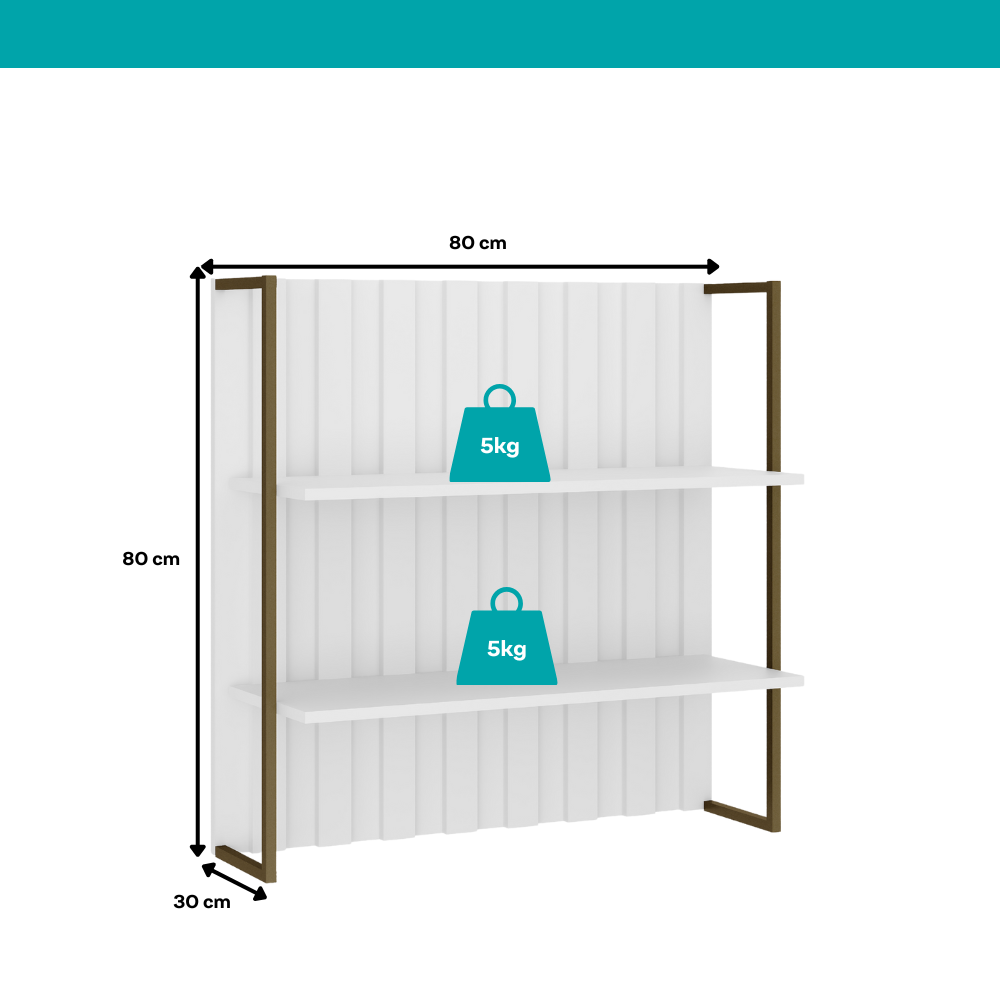 Estante Ripada MDF Branco com Prateleiras e Tubo Ouro Velho Carraro