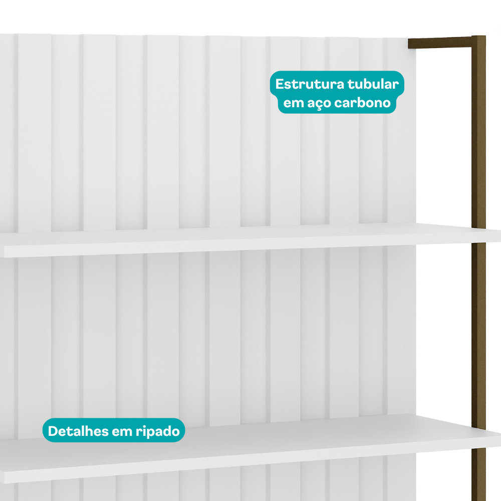 Estante Ripada MDF Branco com Prateleiras e Tubo Ouro Velho Carraro
