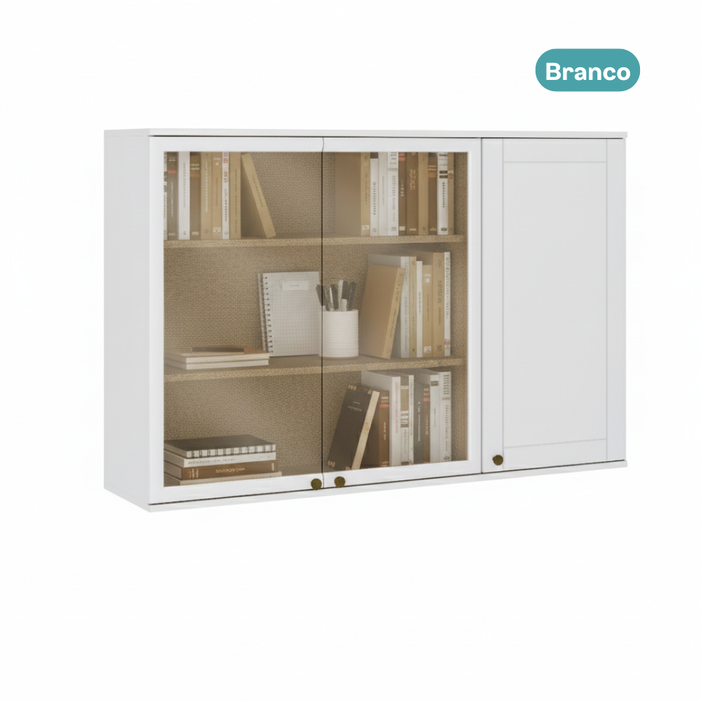 Armário Suspenso com Portas de Vidro para Escritório Branco Carraro