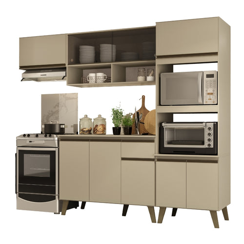 Cozinha completa Atlanta Home Amêndoa em fundo branco, ambientada com fogão, coifa e micro-ondas