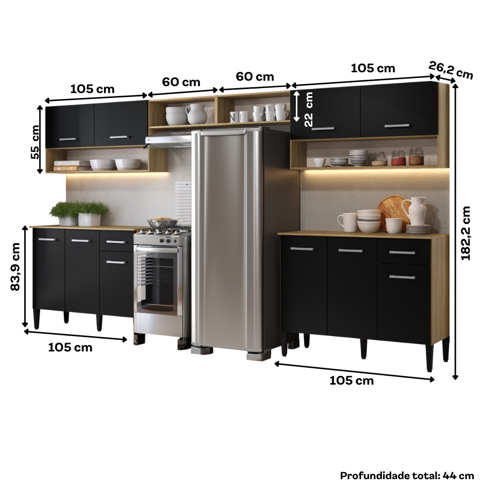 Armário de Cozinha Compacta Arizona Bold One Carraro Carvalho com Preto