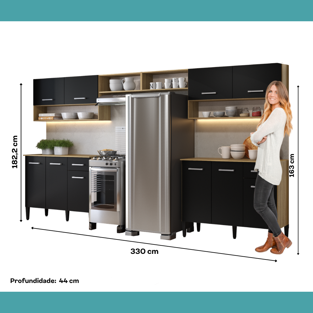 Armário de Cozinha Compacta Arizona Bold One Carraro Carvalho com Preto